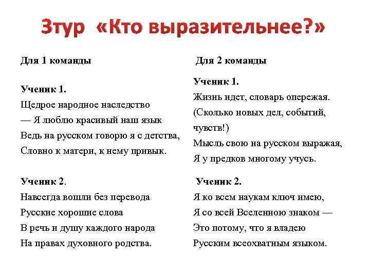 3 тур «Кто выразительнее? » Для 1 команды Для 2 команды Ученик 1. Щедрое