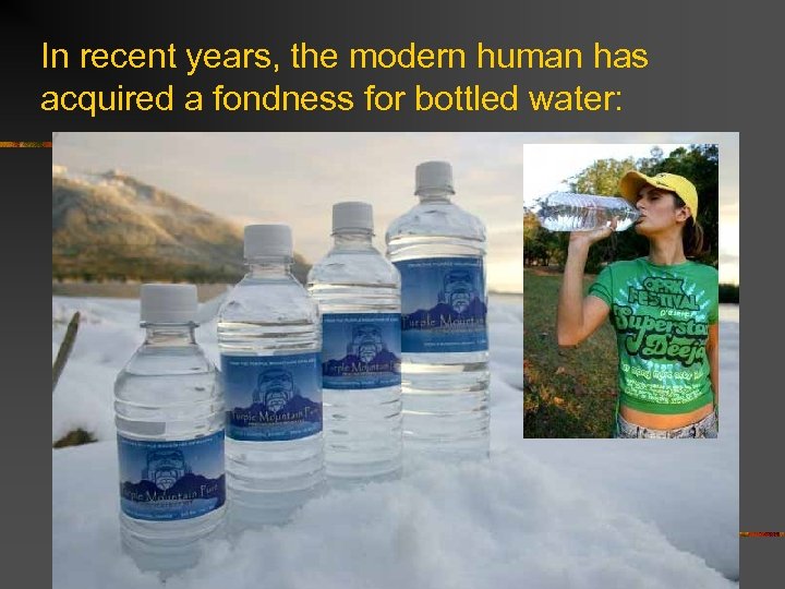 In recent years, the modern human has acquired a fondness for bottled water: 