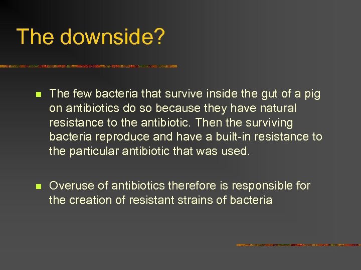 The downside? n The few bacteria that survive inside the gut of a pig