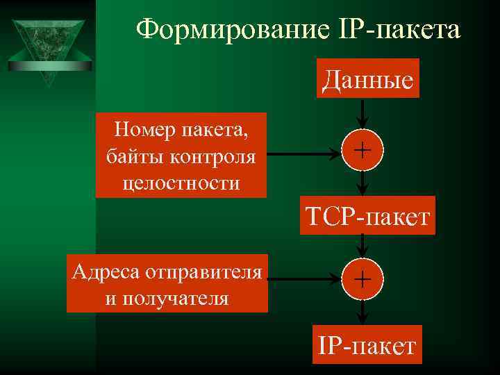 Формирование IP-пакета Данные Номер пакета, байты контроля целостности TCP-пакет Адреса отправителя и получателя IP-пакет