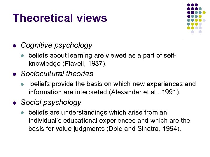 Theoretical views l Cognitive psychology l l Sociocultural theories l l beliefs about learning