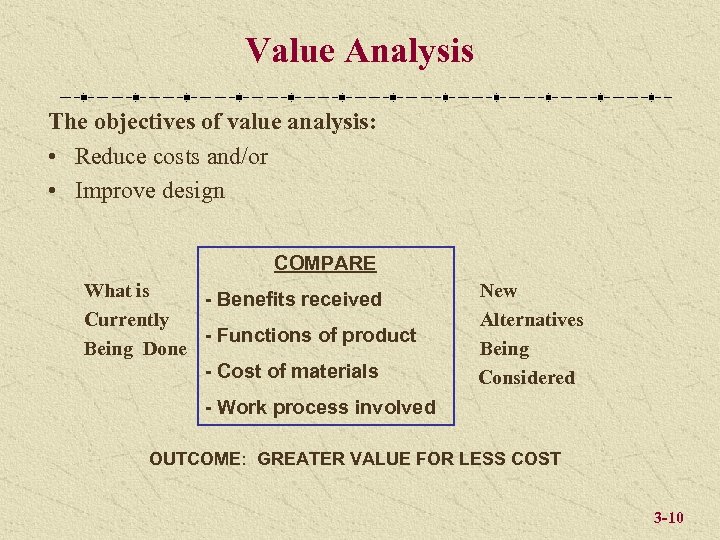 Value Analysis The objectives of value analysis: • Reduce costs and/or • Improve design