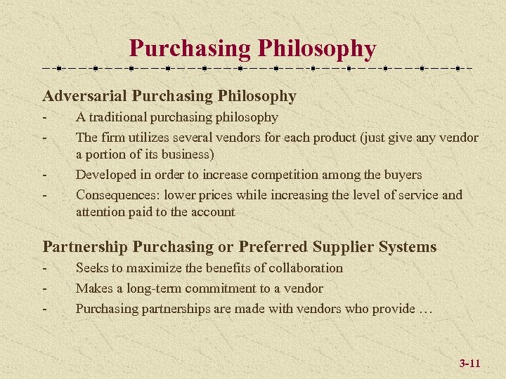 Purchasing Philosophy Adversarial Purchasing Philosophy - A traditional purchasing philosophy The firm utilizes several