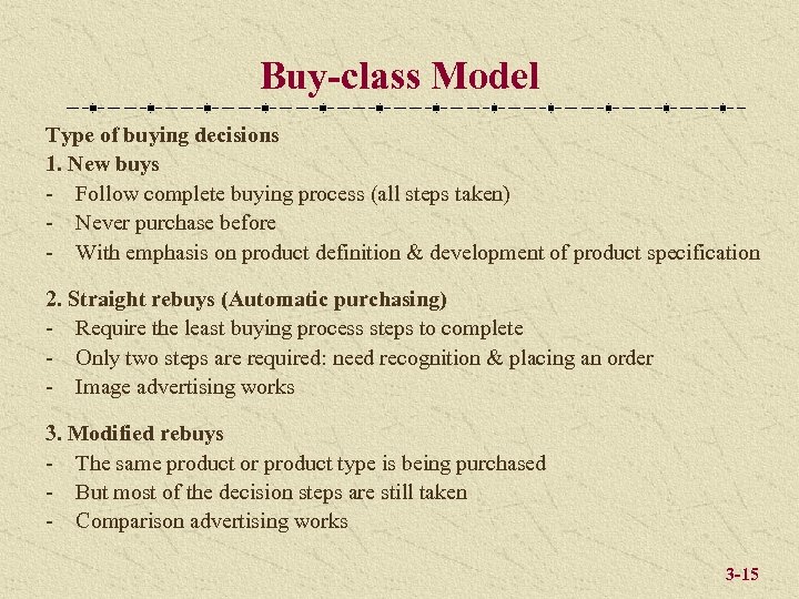 Buy-class Model Type of buying decisions 1. New buys - Follow complete buying process