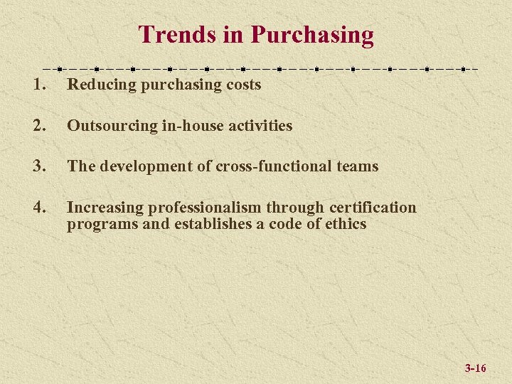Trends in Purchasing 1. Reducing purchasing costs 2. Outsourcing in-house activities 3. The development