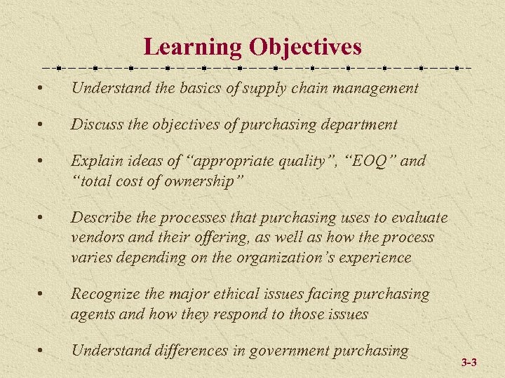 Learning Objectives • Understand the basics of supply chain management • Discuss the objectives