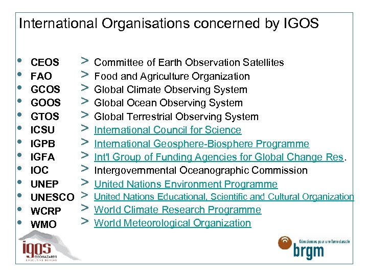 International Organisations concerned by IGOS • • • • CEOS FAO GCOS GOOS GTOS