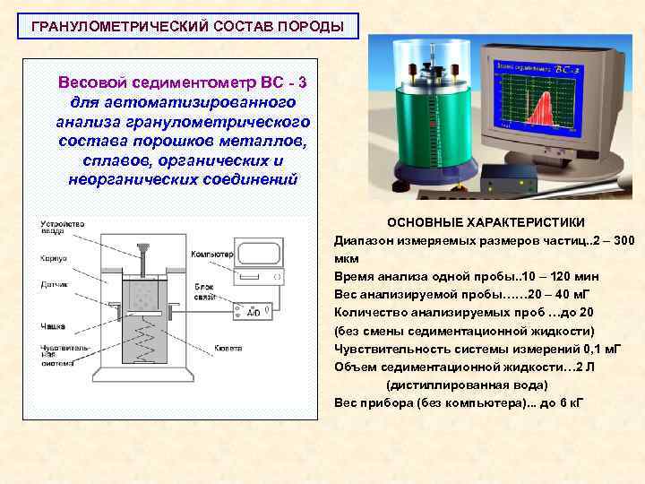 ГРАНУЛОМЕТРИЧЕСКИЙ СОСТАВ ПОРОДЫ Весовой седиментометр ВС - 3 для автоматизированного анализа гранулометрического состава порошков