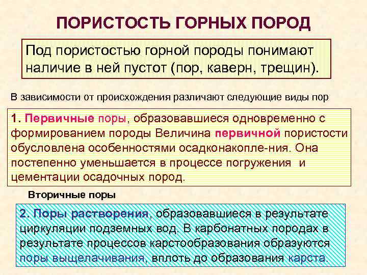 ПОРИСТОСТЬ ГОРНЫХ ПОРОД Под пористостью горной породы понимают наличие в ней пустот (пор, каверн,