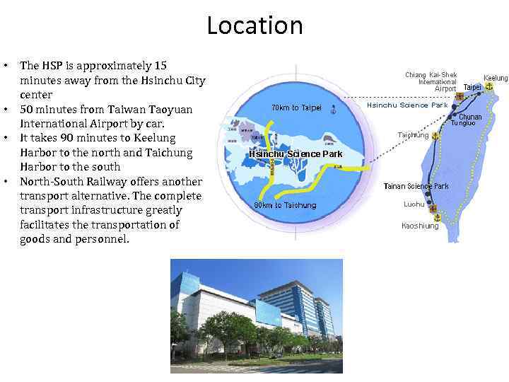Location • The HSP is approximately 15 minutes away from the Hsinchu City center