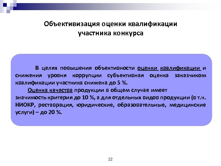Объективизация оценки квалификации участника конкурса В целях повышения объективности оценки квалификации и снижения уровня