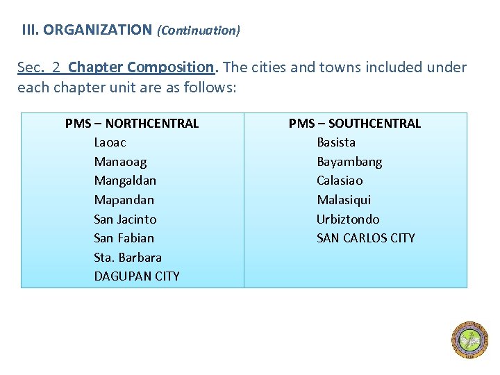 III. ORGANIZATION (Continuation) Sec. 2 Chapter Composition. The cities and towns included under each
