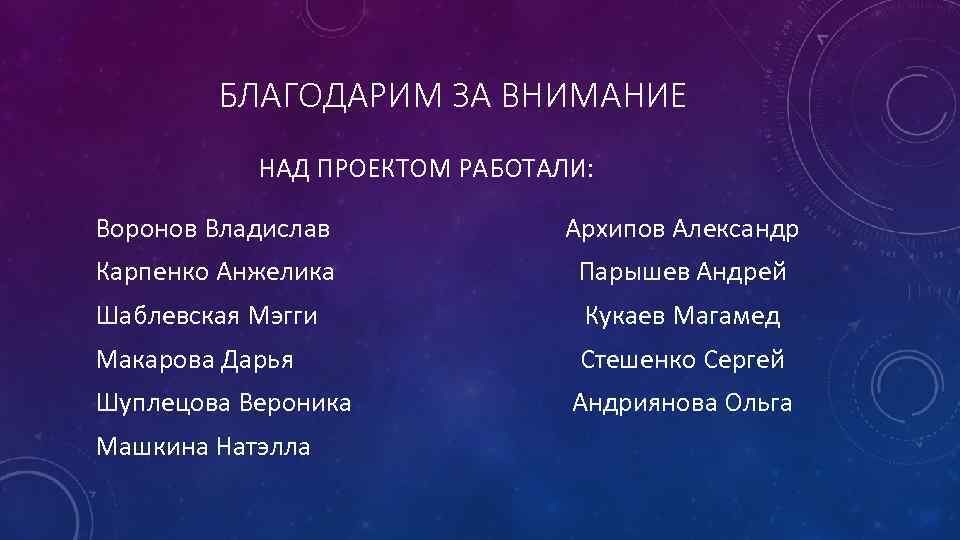 БЛАГОДАРИМ ЗА ВНИМАНИЕ НАД ПРОЕКТОМ РАБОТАЛИ: Воронов Владислав Архипов Александр Карпенко Анжелика Парышев Андрей