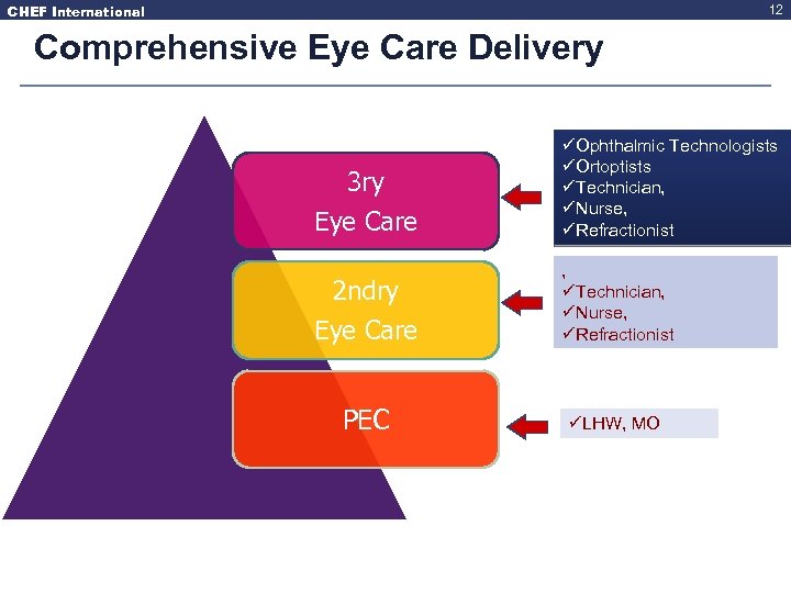 CHEF International 12 Comprehensive Eye Care Delivery 3 ry Eye Care üOphthalmic Technologists üOrtoptists