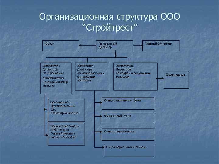 Организационная структура ООО “Стройтрест” Юрист Заместитель Директора по управлению производством Главный инженертехнолог Генеральный Директор