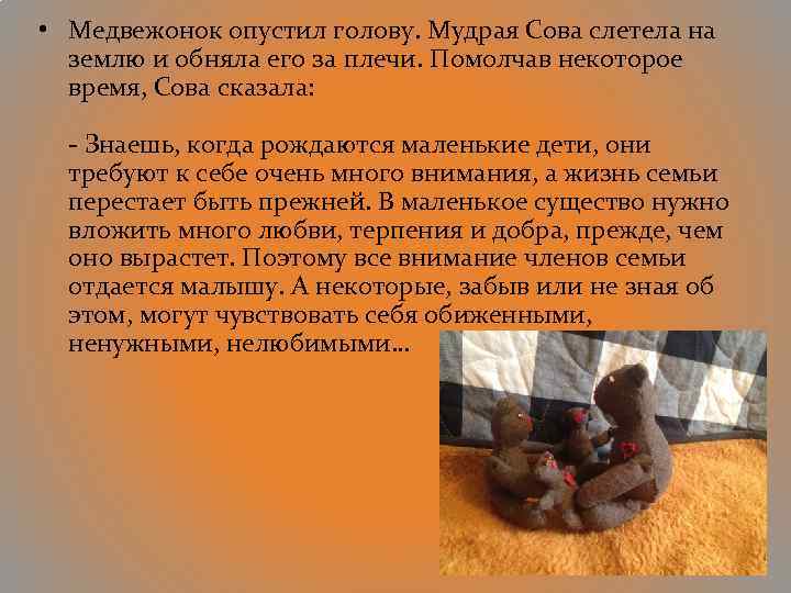  • Медвежонок опустил голову. Мудрая Сова слетела на землю и обняла его за