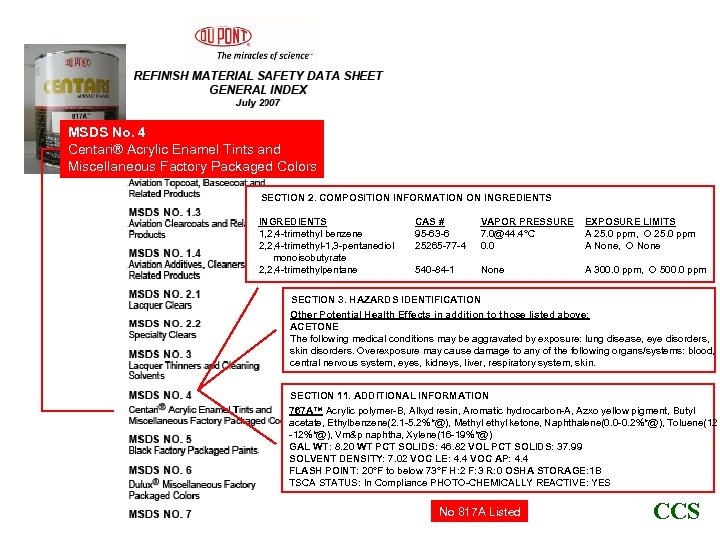 MSDS No. 4 Centari® Acrylic Enamel Tints and Miscellaneous Factory Packaged Colors SECTION 2.