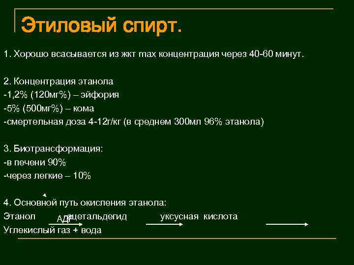 Этиловый спирт. 1. Хорошо всасывается из жкт max концентрация через 40 -60 минут. 2.