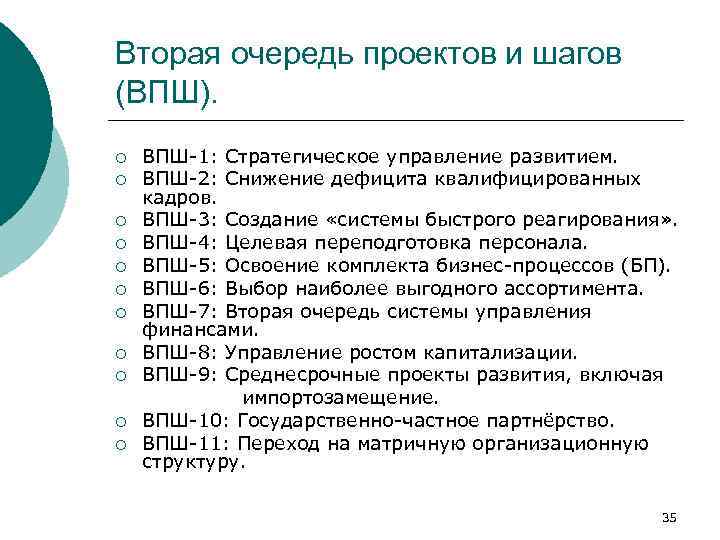Вторая очередь проектов и шагов (ВПШ). ВПШ-1: Стратегическое управление развитием. ¡ ВПШ-2: Снижение дефицита