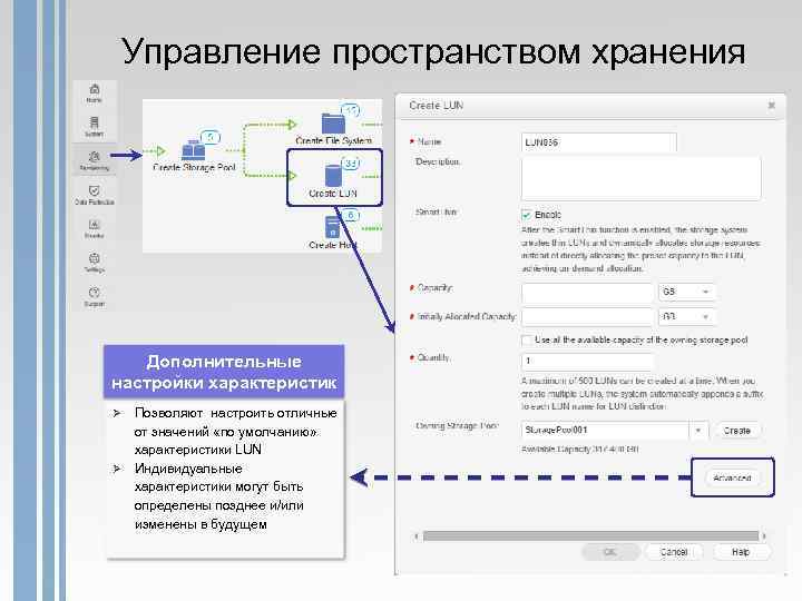 Управление пространством хранения Дополнительные настройки характеристик Ø Ø Позволяют настроить отличные от значений «по