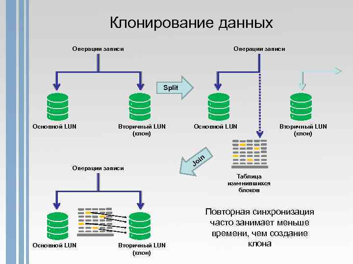 Клонирование данных Операции записи Split Основной LUN Вторичный LUN (клон) in Операции записи Jo