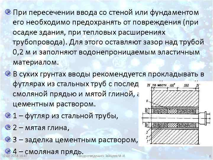 При пересечении ввода со стеной или фундаментом его необходимо предохранять от повреждения (при осадке