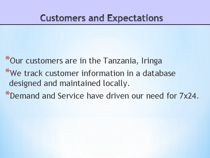 *Our customers are in the Tanzania, Iringa *We track customer information in a database