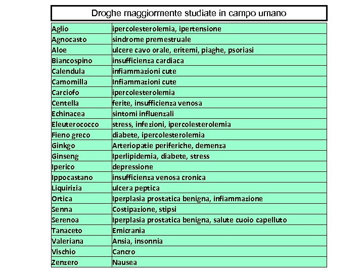 Droghe maggiormente studiate in campo umano Aglio Agnocasto Aloe Biancospino Calendula Camomilla Carciofo Centella