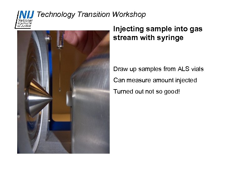 Technology Transition Workshop Injecting sample into gas stream with syringe Draw up samples from