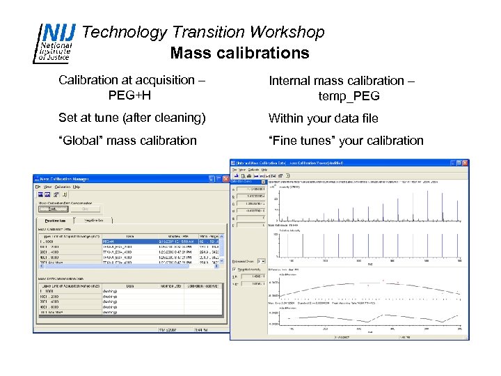 Technology Transition Workshop Mass calibrations Calibration at acquisition – PEG+H Internal mass calibration –
