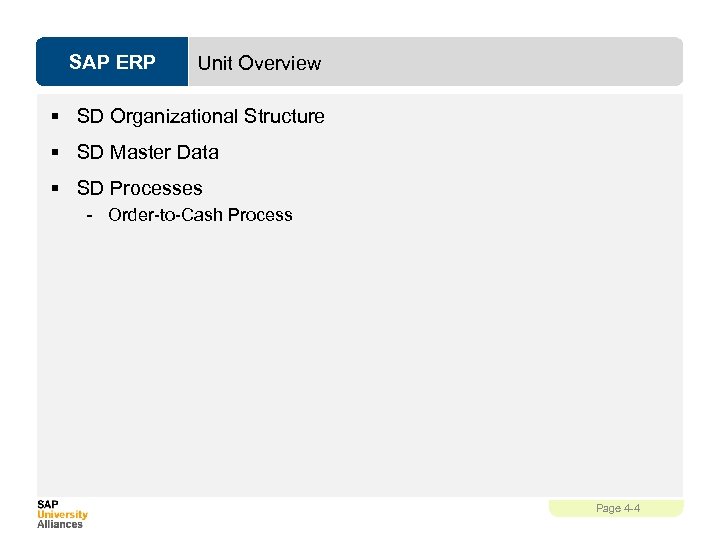 SAP ERP Unit Overview § SD Organizational Structure § SD Master Data § SD