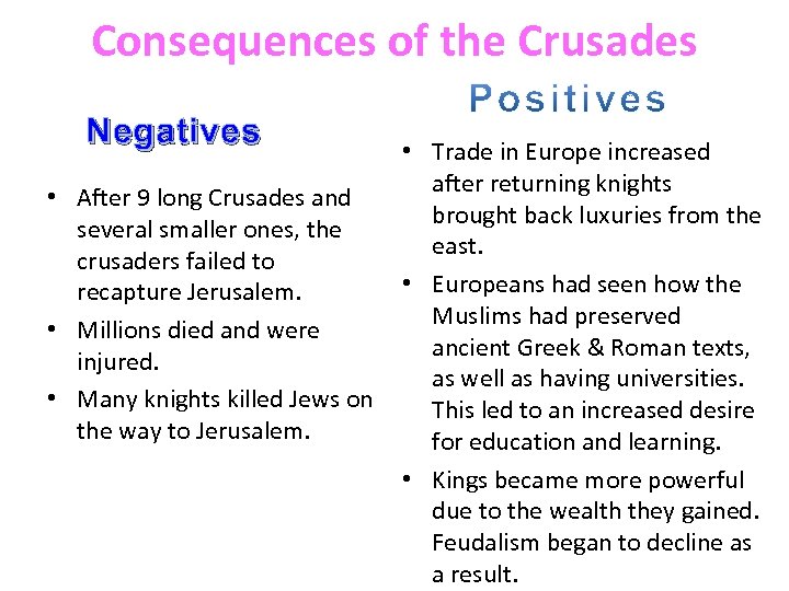 Consequences of the Crusades Negatives • After 9 long Crusades and several smaller ones,