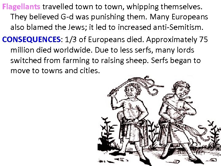 Flagellants travelled town to town, whipping themselves. They believed G-d was punishing them. Many