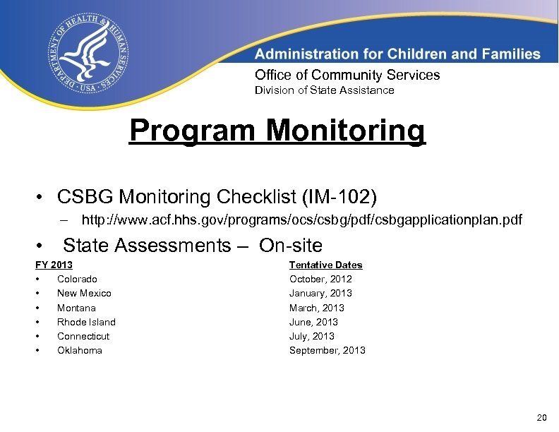 Office of Community Services Division of State Assistance Program Monitoring • CSBG Monitoring Checklist
