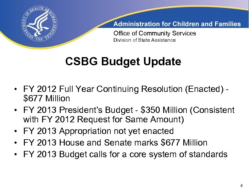 Office of Community Services Division of State Assistance CSBG Budget Update • FY 2012