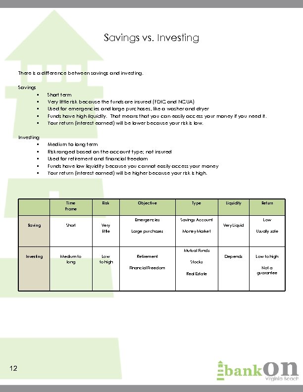 Savings vs. Investing There is a difference between savings and investing. Savings • •