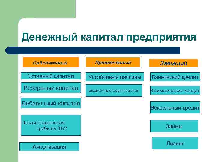 Денежный капитал предприятия Собственный Привлеченный Заемный Уставный капитал Устойчивые пассивы Банковский кредит Резервный капитал