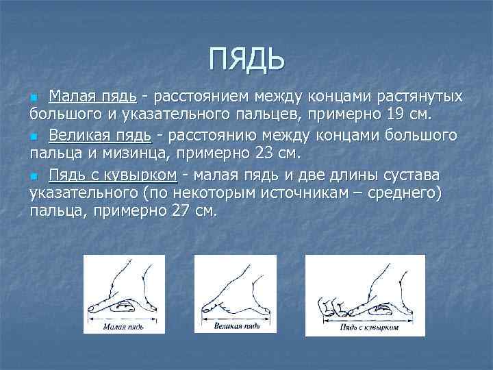 ПЯДЬ Малая пядь - расстоянием между концами растянутых большого и указательного пальцев, примерно 19