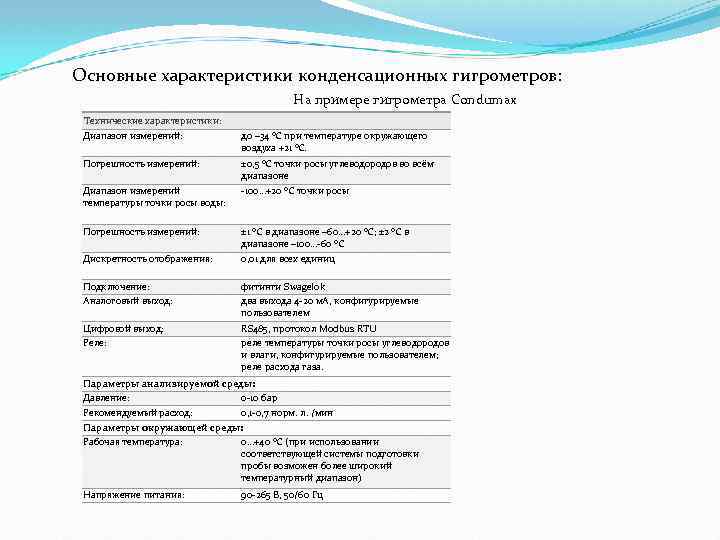 Основные характеристики конденсационных гигрометров: На примере гигрометра Condumax Технические характеристики: Диапазон измерений: до –