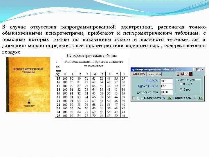 В случае отсутствия запрограммированной электроники, располагая только обыкновенными психрометрами, прибегают к психрометрическим таблицам, с