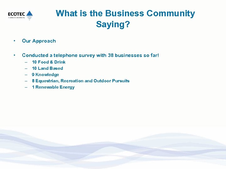 What is the Business Community Saying? • Our Approach • Conducted a telephone survey