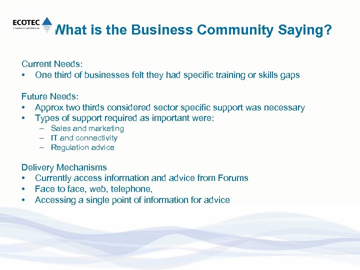 What is the Business Community Saying? Current Needs: • One third of businesses felt
