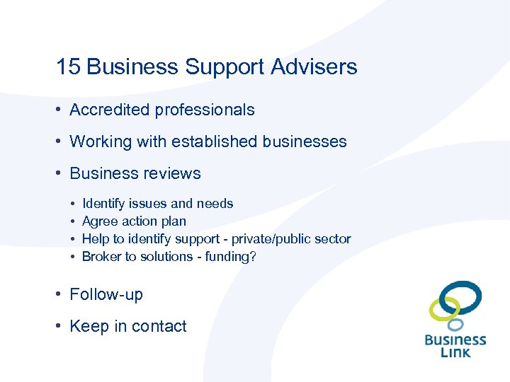 15 Business Support Advisers • Accredited professionals • Working with established businesses • Business
