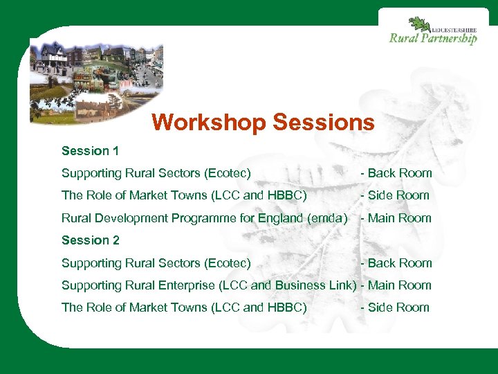 Workshop Sessions Session 1 Supporting Rural Sectors (Ecotec) - Back Room The Role of
