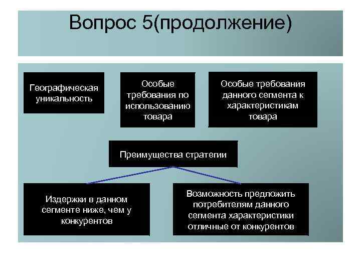 Вопрос 5(продолжение) Географическая уникальность Особые требования по использованию товара Особые требования данного сегмента к
