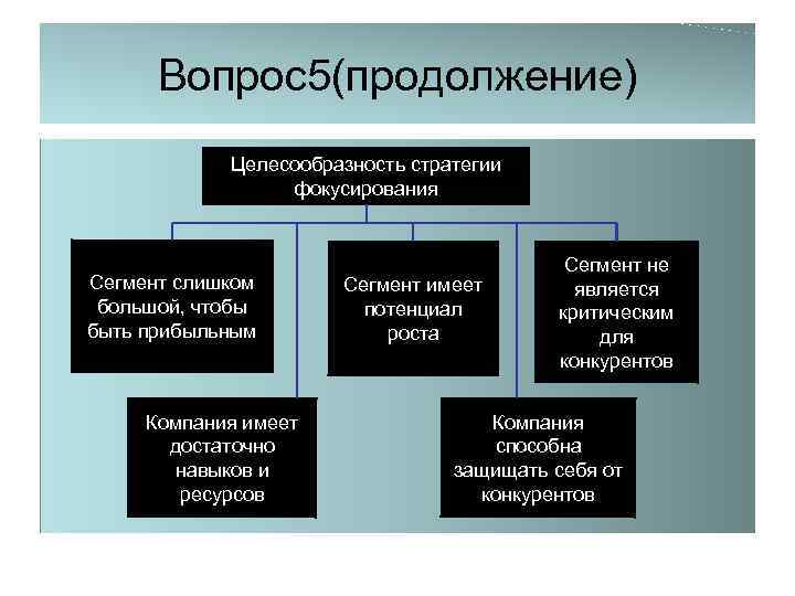 Вопрос5(продолжение) Целесообразность стратегии фокусирования Сегмент слишком большой, чтобы быть прибыльным Компания имеет достаточно навыков