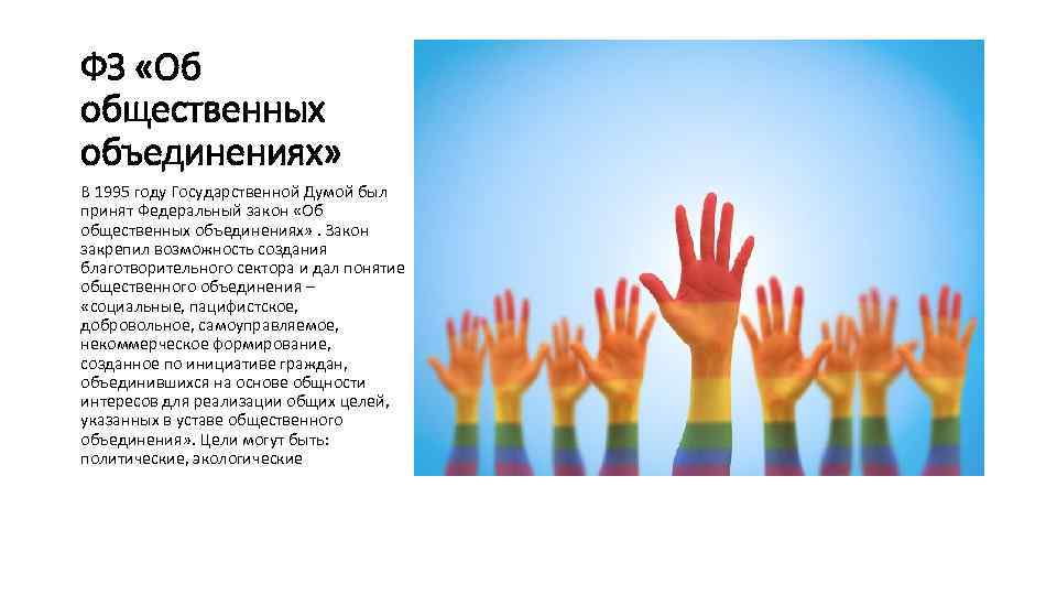 ФЗ «Об общественных объединениях» В 1995 году Государственной Думой был принят Федеральный закон «Об