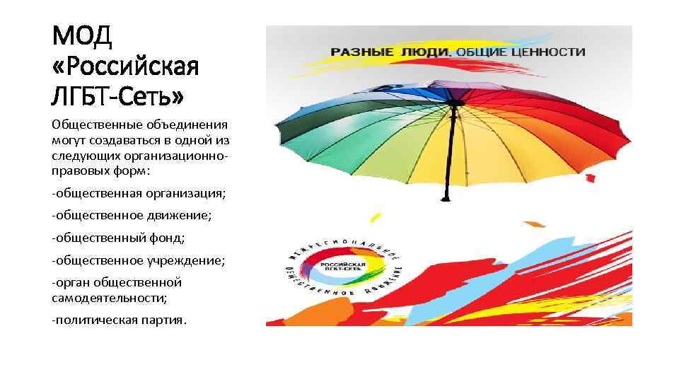 МОД «Российская ЛГБТ-Сеть» Общественные объединения могут создаваться в одной из следующих организационноправовых форм: -общественная