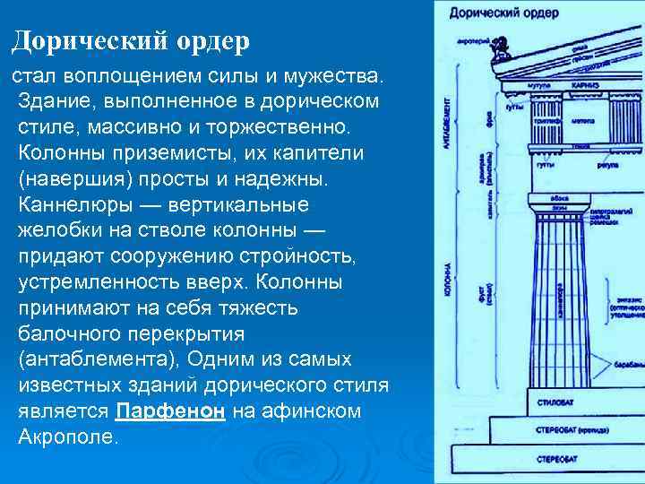 Дорический ордер стал воплощением силы и мужества. Здание, выполненное в дорическом стиле, массивно и