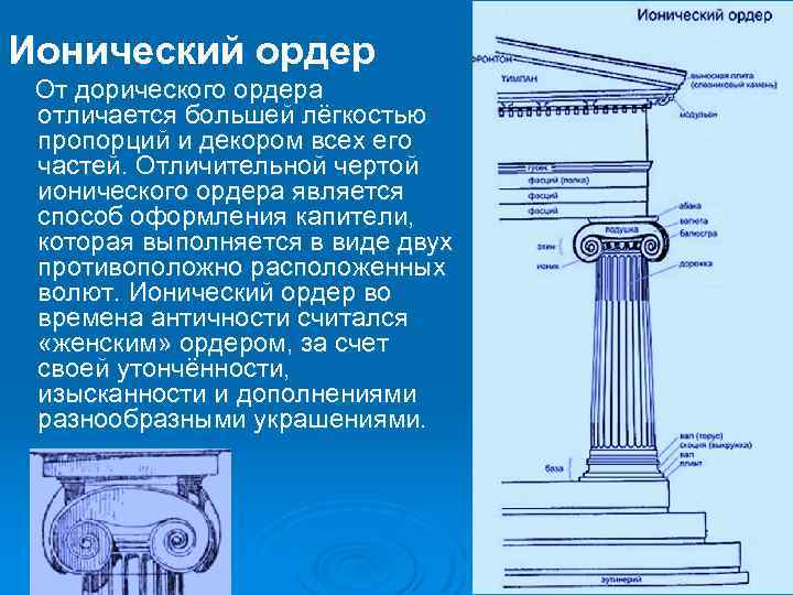 Ионический ордер От дорического ордера отличается большей лёгкостью пропорций и декором всех его частей.